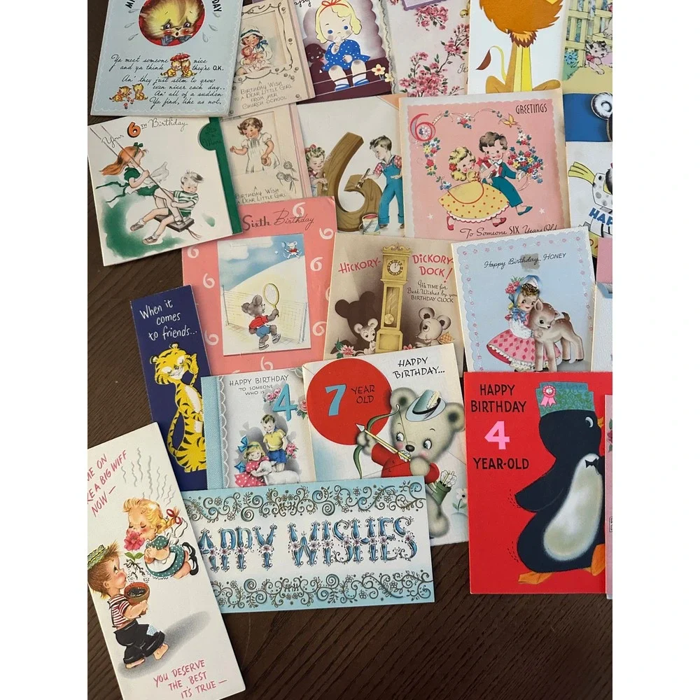 Vintage Birthday Cards Lot Mid Century Childrens Ephemera Animals Ages 1-7 60+pc